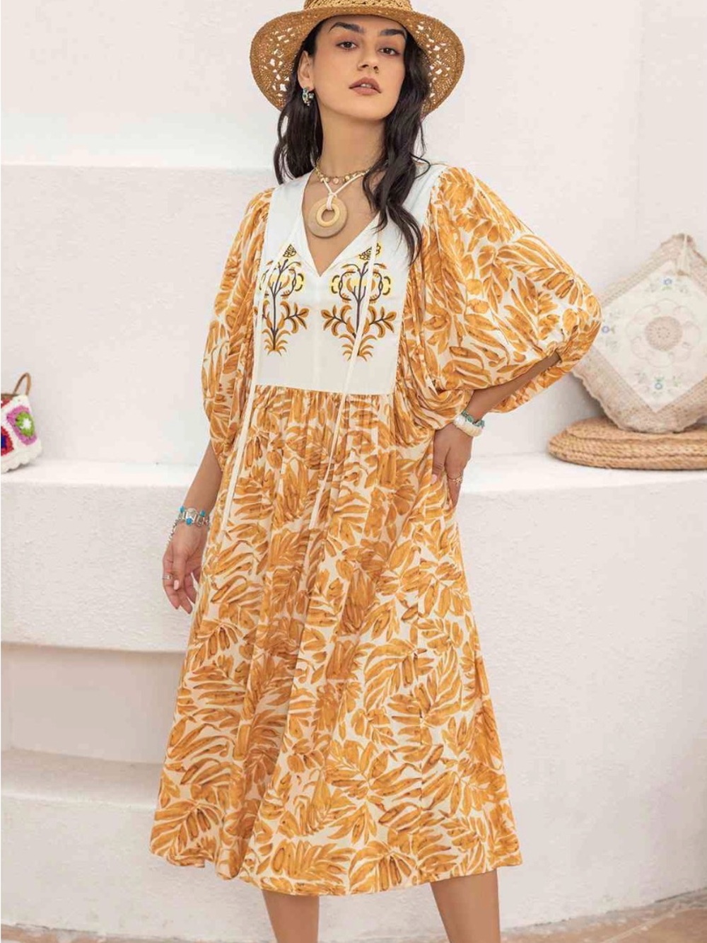 NWT Bohemian Leaf Print Embroidered Puff Sleeve Midi Dress